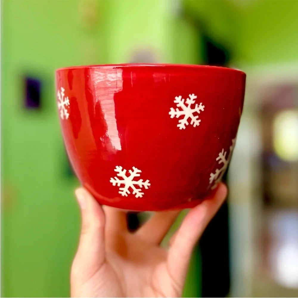Winter Cherry Red Snowflake Ceramic Indoor Planter Vase Home Decor Accent Bowl - Picture 2 of 7